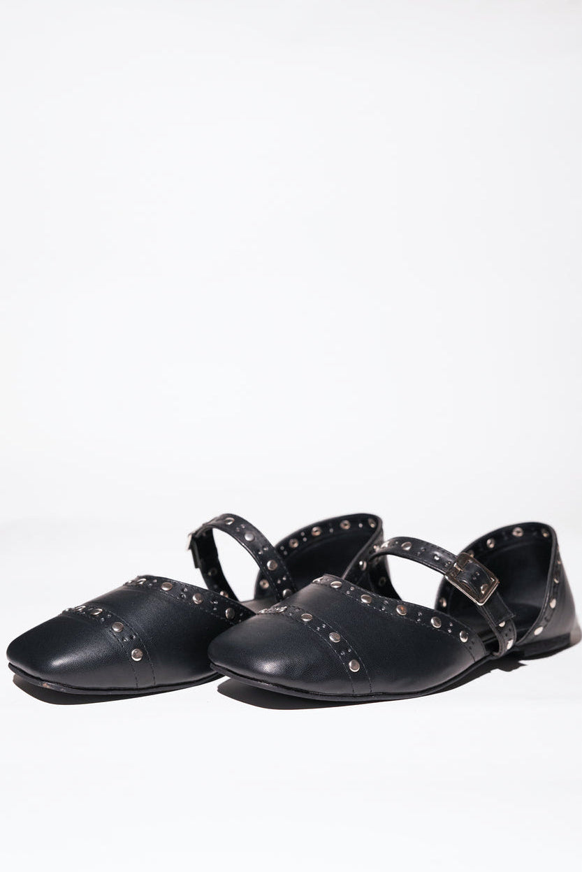 Black saffiano textured vegan leather Mary Jane flats for women