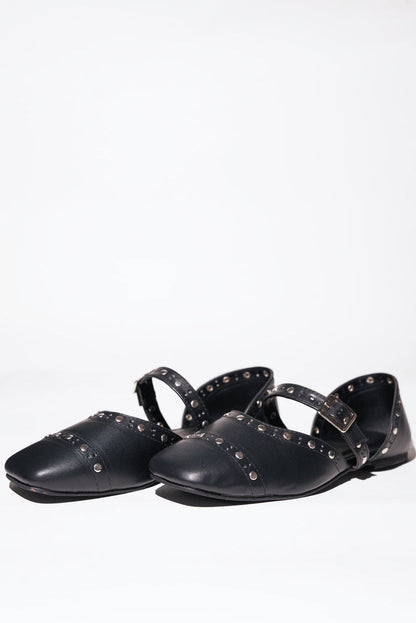 Black saffiano textured vegan leather Mary Jane flats for women