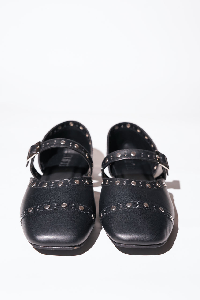 Black saffiano textured vegan leather Mary Jane flats for women