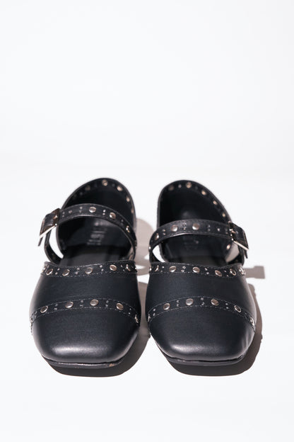 Black saffiano textured vegan leather Mary Jane flats for women