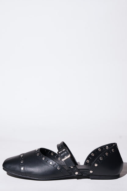 Black saffiano textured vegan leather Mary Jane flats for women