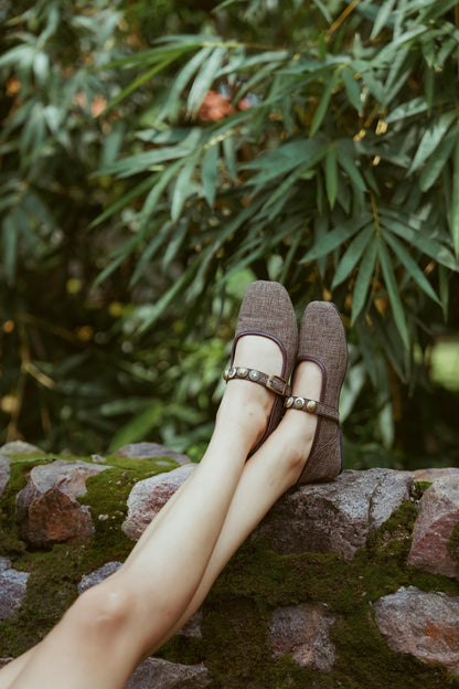 Brown textured tweed Mary Jane flats with decorative charms