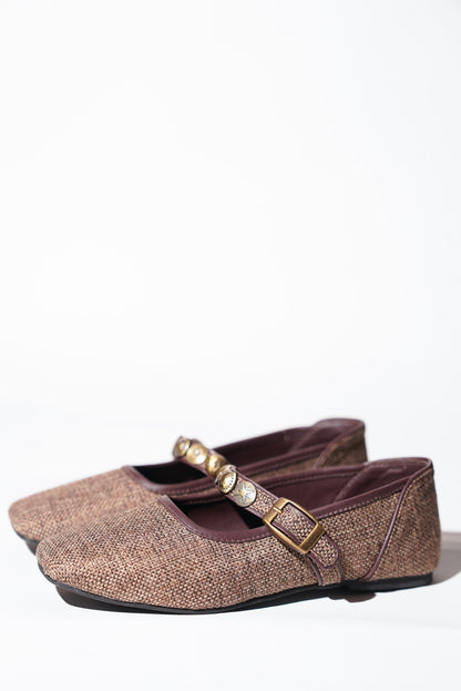 Brown textured tweed Mary Jane flats with decorative charms