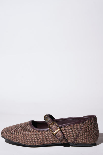 Brown textured tweed Mary Jane flats with decorative charms