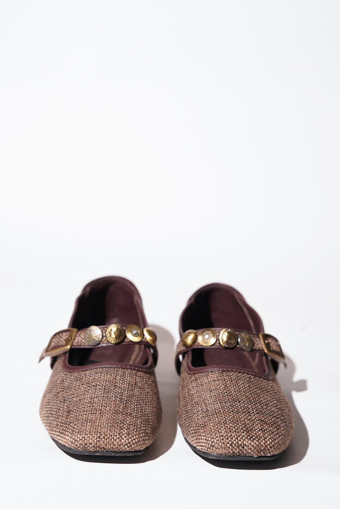 Brown textured tweed Mary Jane flats with decorative charms