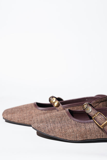 Brown textured tweed Mary Jane flats with decorative charms