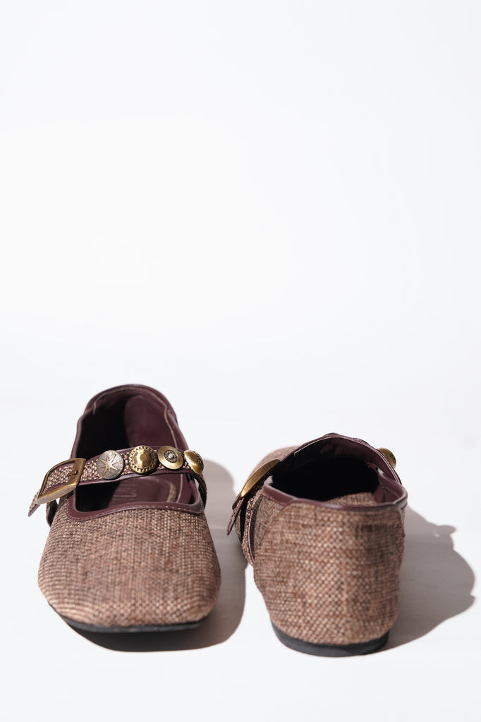 Brown textured tweed Mary Jane flats with decorative charms