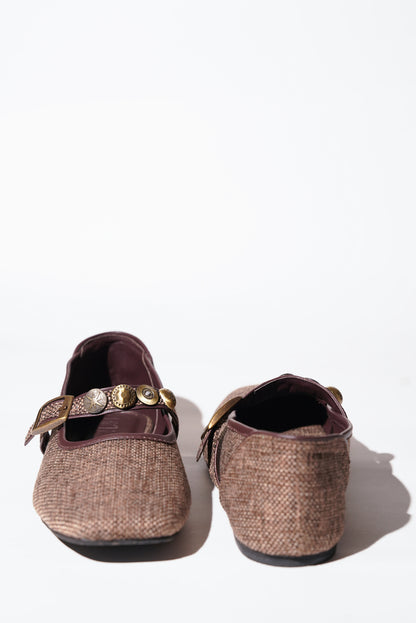 Brown textured tweed Mary Jane flats with decorative charms