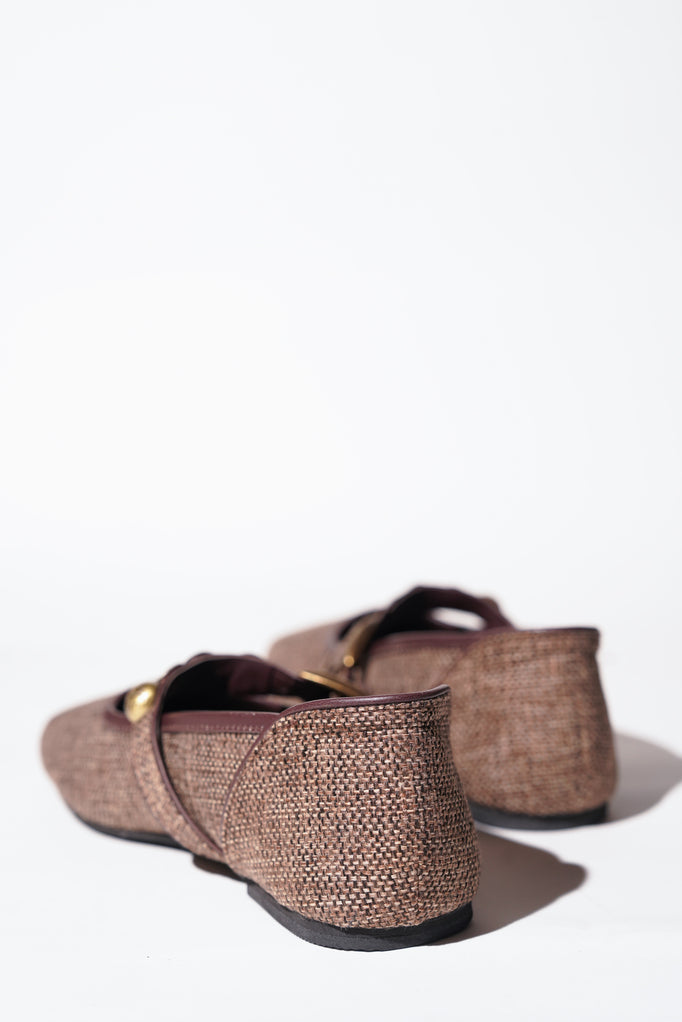 Brown textured tweed Mary Jane flats with decorative charms
