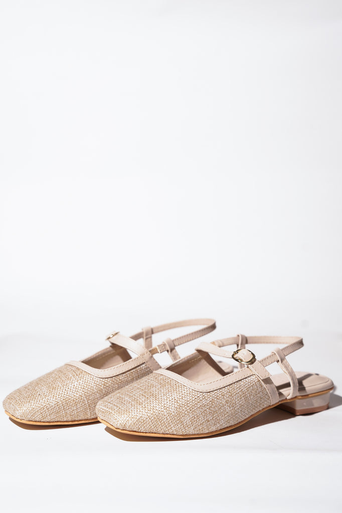 Cream textured tweed Mary Jane flats with buckle straps