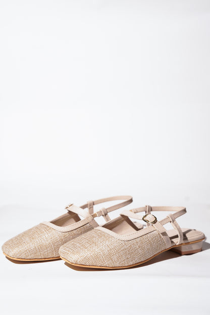 Cream textured tweed Mary Jane flats with buckle straps