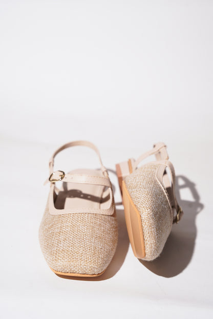 Cream textured tweed Mary Jane flats with buckle straps