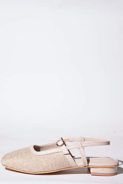 Cream textured tweed Mary Jane flats with buckle straps