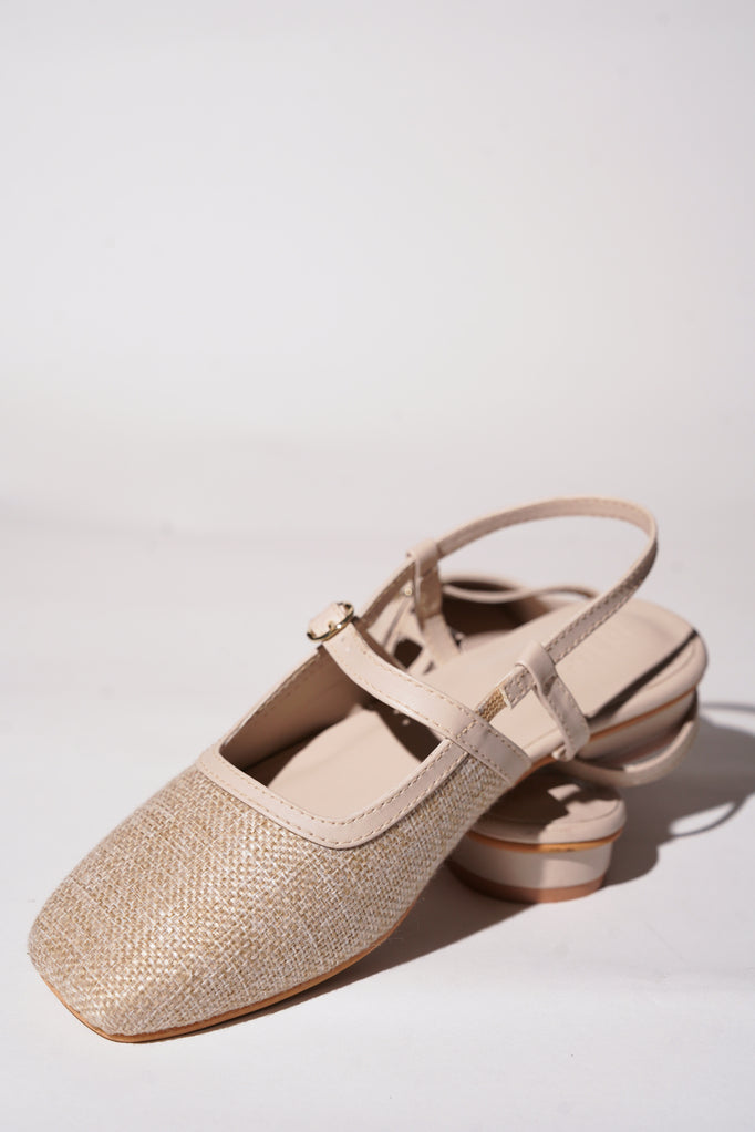 Cream textured tweed Mary Jane flats with buckle straps