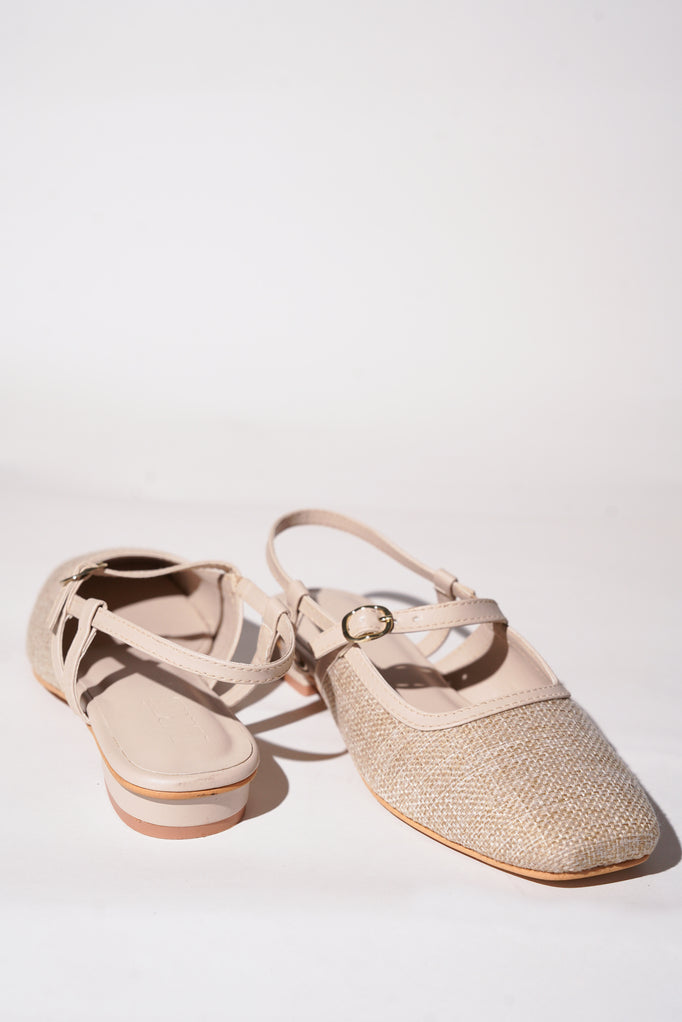 Cream textured tweed Mary Jane flats with buckle straps
