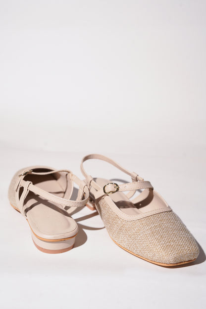 Cream textured tweed Mary Jane flats with buckle straps