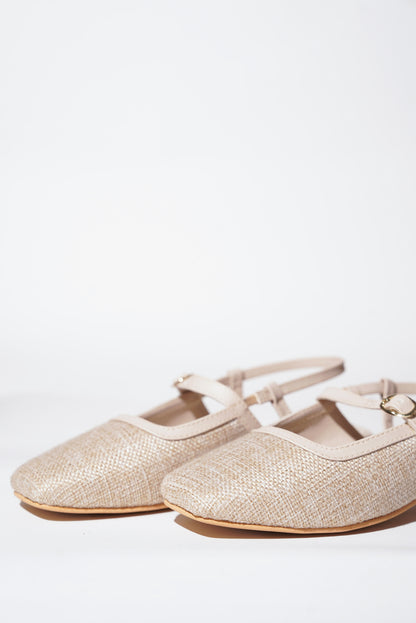 Cream textured tweed Mary Jane flats with buckle straps
