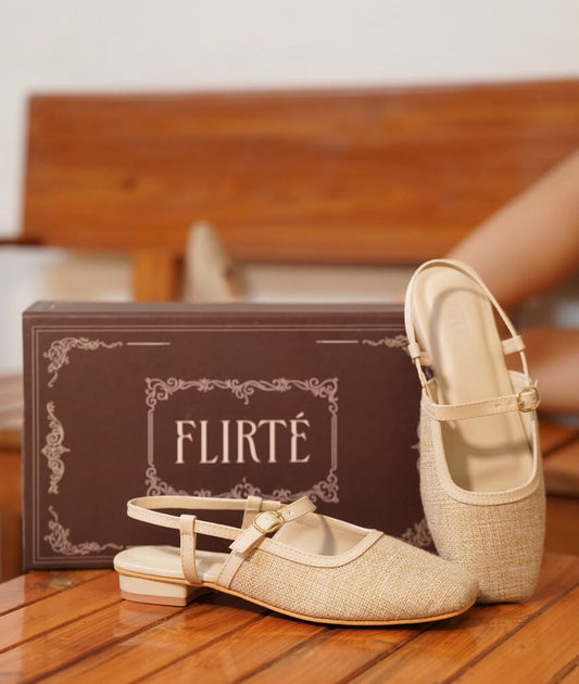 Cream textured tweed Mary Jane flats with buckle straps