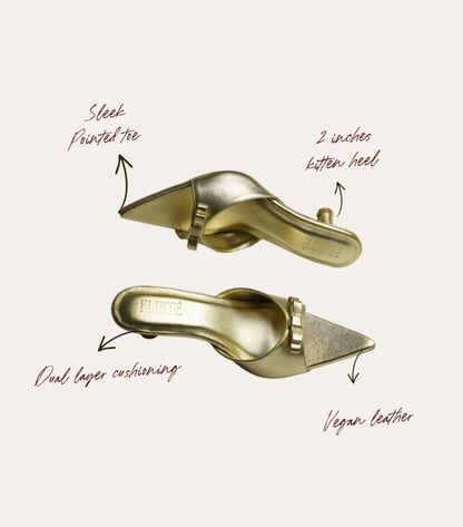 Matte metallic gold pointed-toe vegan leather kitten heels for women