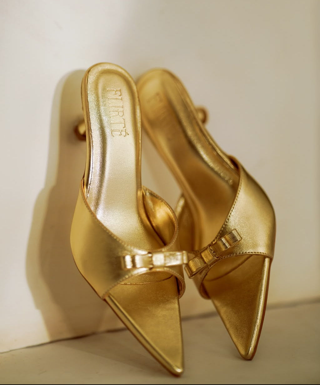 Matte metallic gold pointed-toe vegan leather kitten heels for women