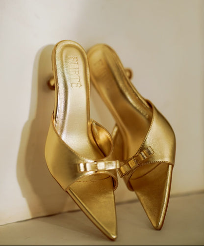Matte metallic gold pointed-toe vegan leather kitten heels for women