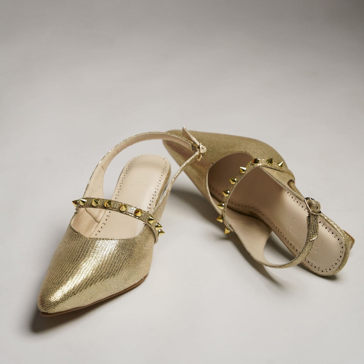 Gold metallic lizard-finish pointed-toe vegan leather kitten heels