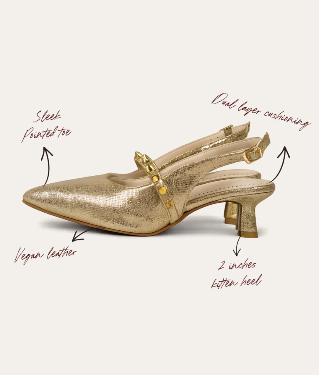 Gold metallic lizard-finish pointed-toe vegan leather kitten heels
