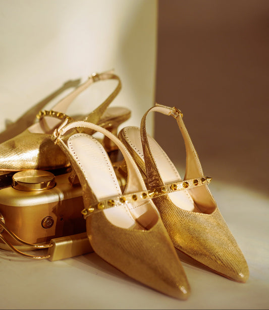 Gold metallic lizard-finish pointed-toe vegan leather kitten heels