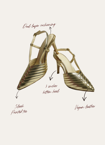 Smooth metallic gold pointed-toe vegan leather pencil heels with beige lining