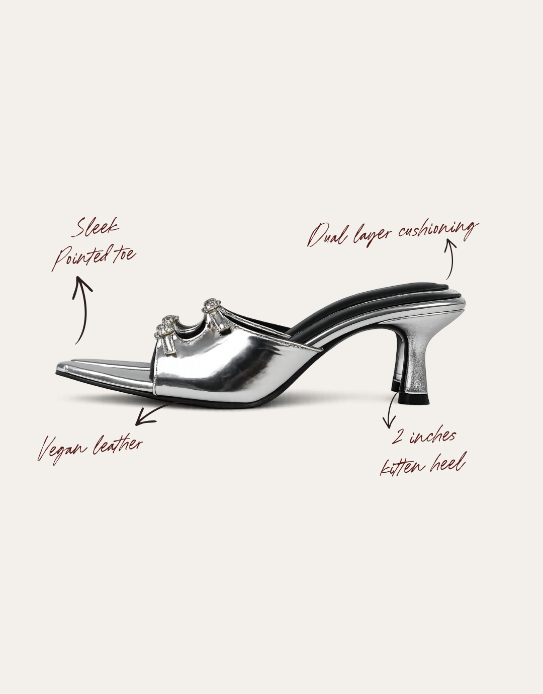 Mirror silver pointed-toe vegan leather kitten heels with black lining