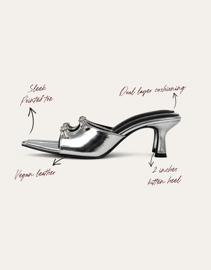 Mirror silver pointed-toe vegan leather kitten heels with black lining
