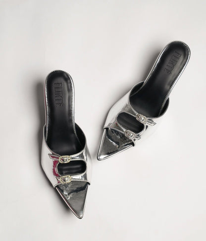Mirror silver pointed-toe vegan leather kitten heels with black lining