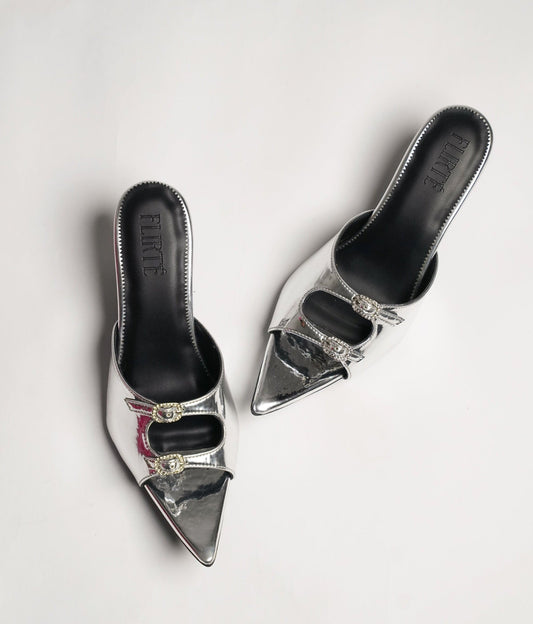 Mirror silver pointed-toe vegan leather kitten heels with black lining