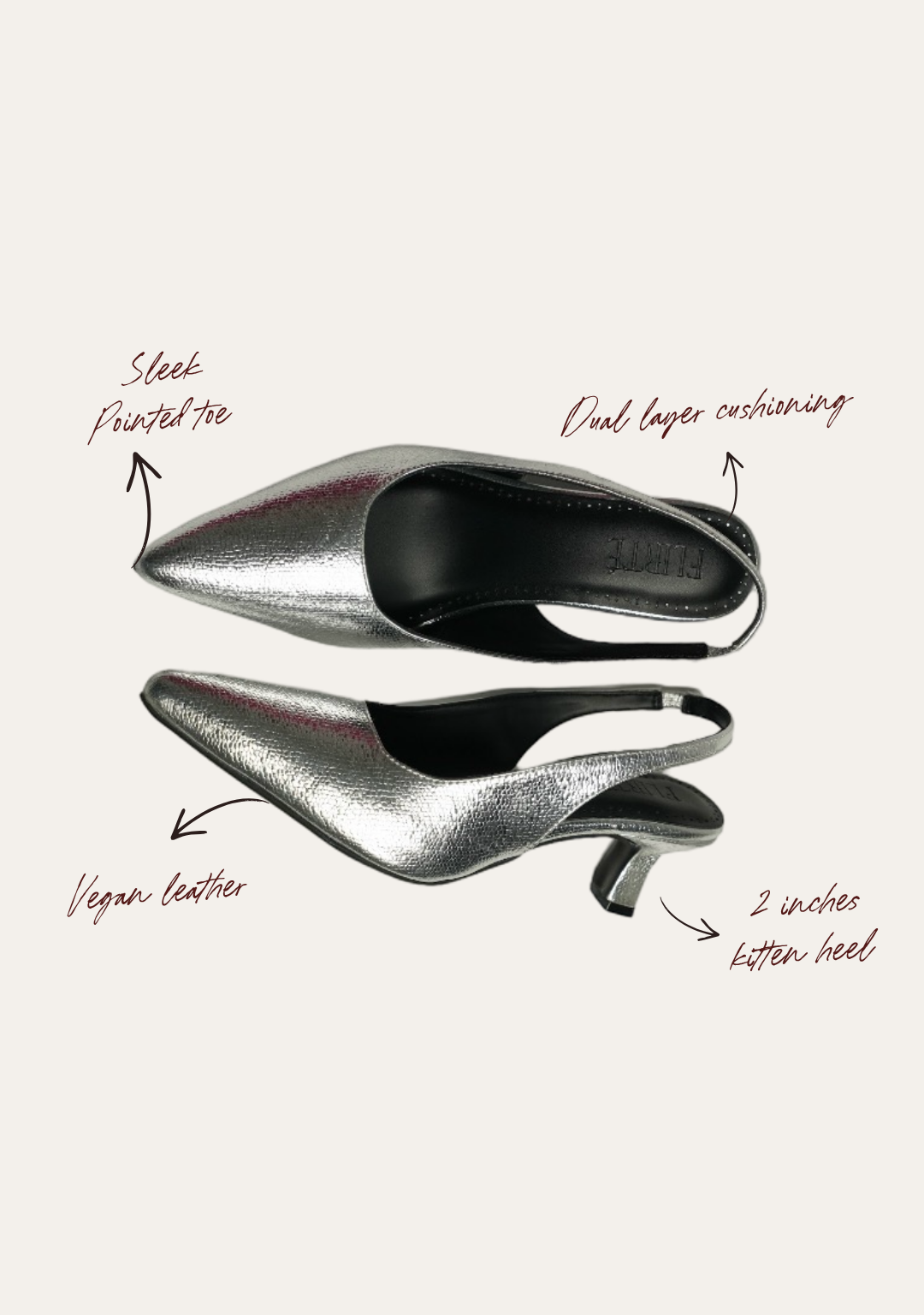 Embossed metallic silver pointed-toe vegan leather kitten heels with black lining