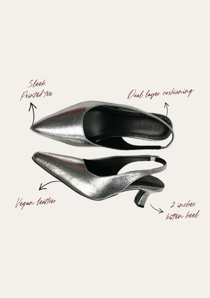 Embossed metallic silver pointed-toe vegan leather kitten heels with black lining