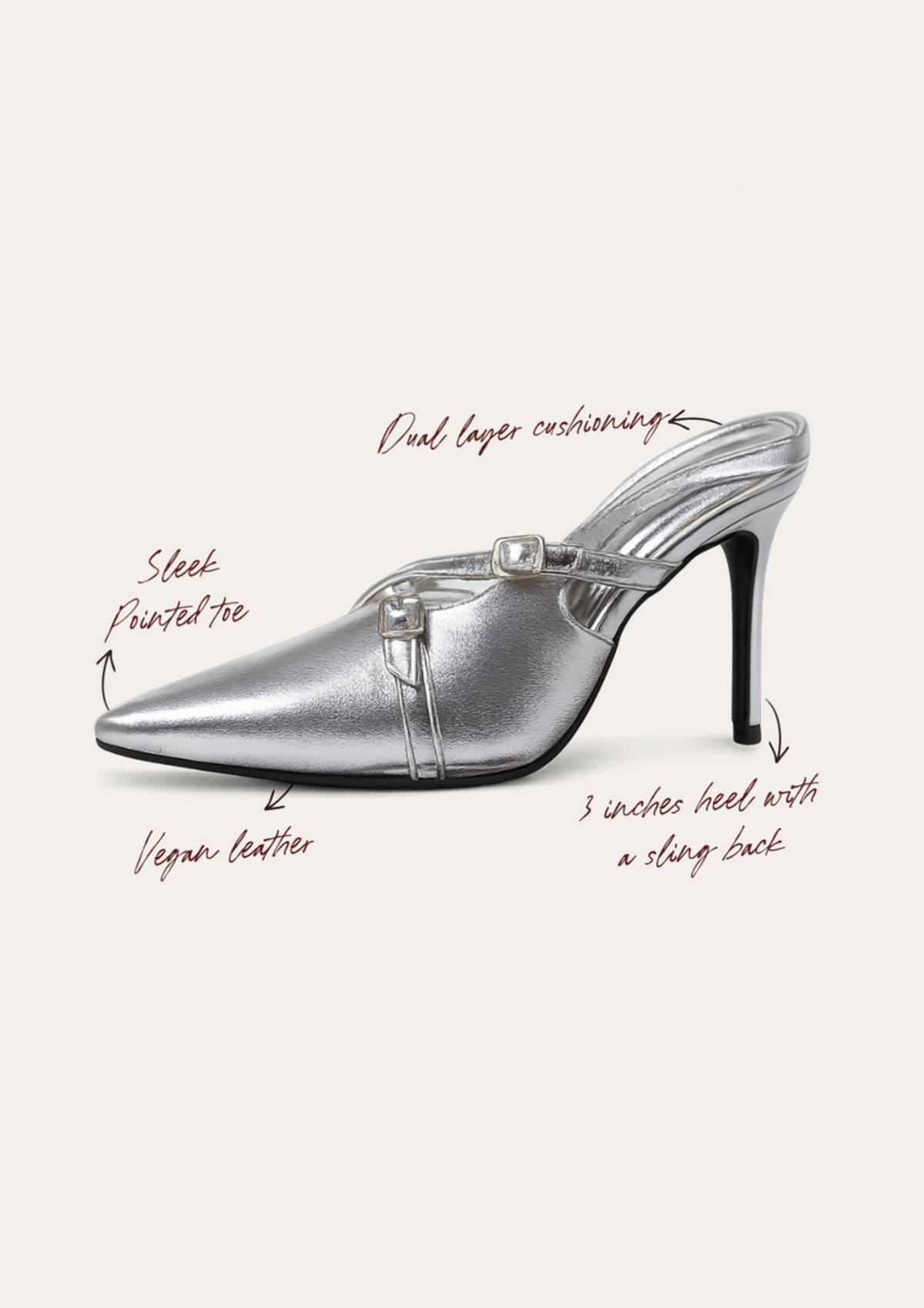 Smooth metallic silver pointed-toe vegan leather pencil heels for women