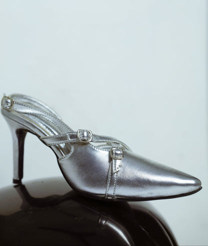 Smooth metallic silver pointed-toe vegan leather pencil heels for women